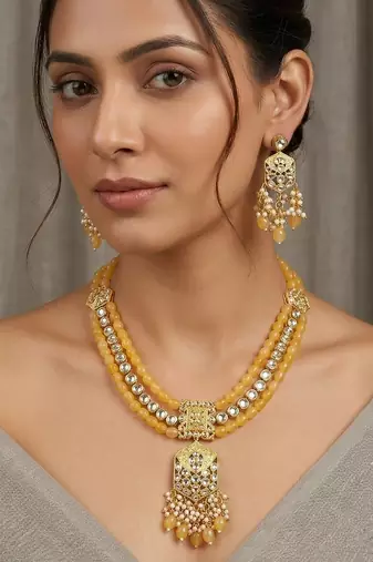 Traditional gold plated kundan and yellow beaded 3-layer necklace jewellery set with earrings for women