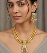 Traditional gold plated kundan and yellow beaded 3-layer necklace jewellery set with earrings for women