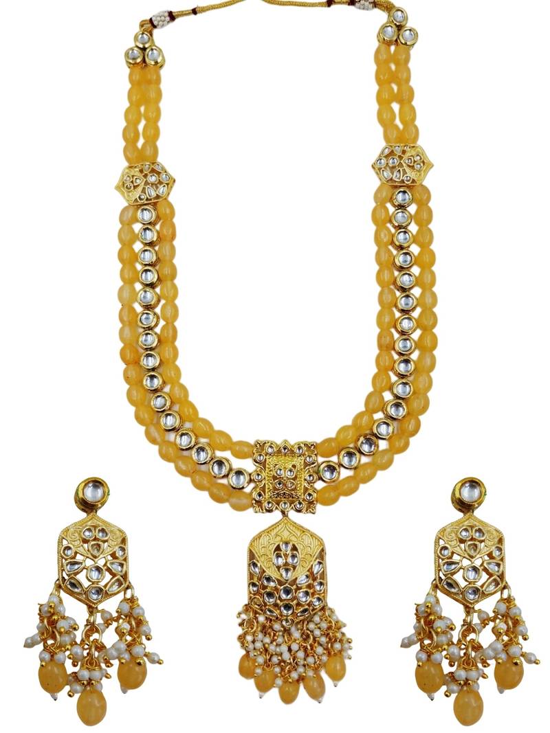 Traditional gold plated kundan and yellow beaded 3-layer necklace jewellery set with earrings for women
