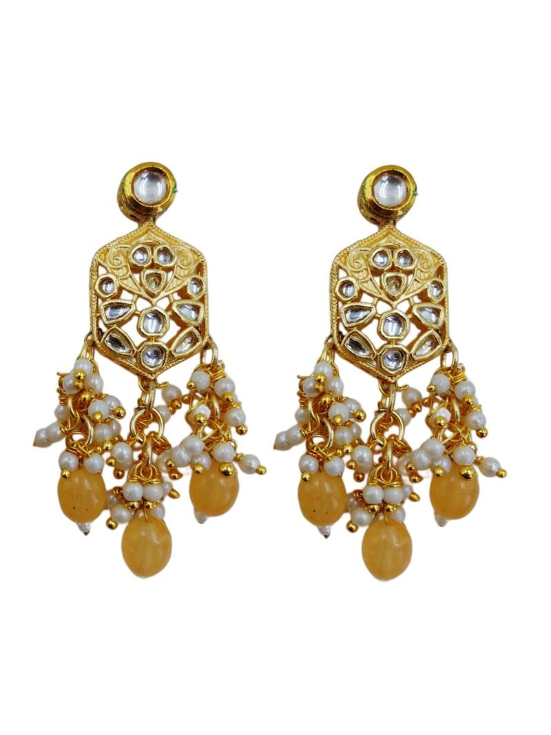 Traditional gold plated kundan and yellow beaded 3-layer necklace jewellery set with earrings for women