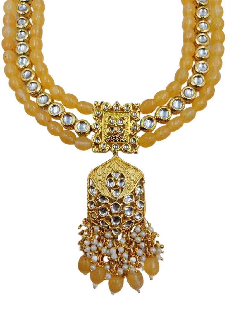 Traditional gold plated kundan and yellow beaded 3-layer necklace jewellery set with earrings for women