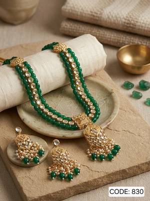 Traditional gold plated kundan and green beaded 3-layer necklace jewellery set with earrings for women 1