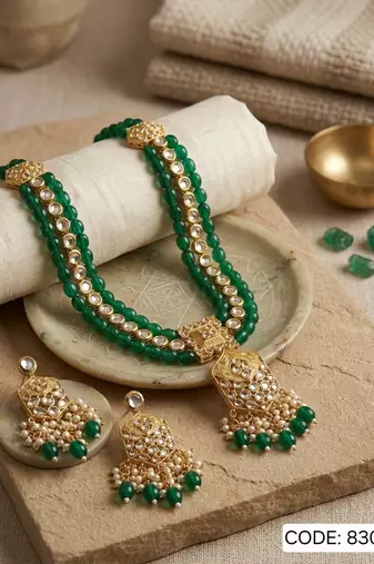 Traditional gold plated kundan and green beaded 3-layer necklace jewellery set with earrings for women