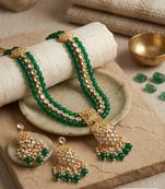 Traditional gold plated kundan and green beaded 3-layer necklace jewellery set with earrings for women