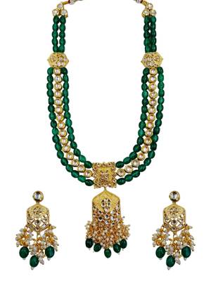 Traditional gold plated kundan and green beaded 3-layer necklace jewellery set with earrings for women 2