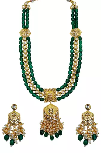 Traditional gold plated kundan and green beaded 3-layer necklace jewellery set with earrings for women