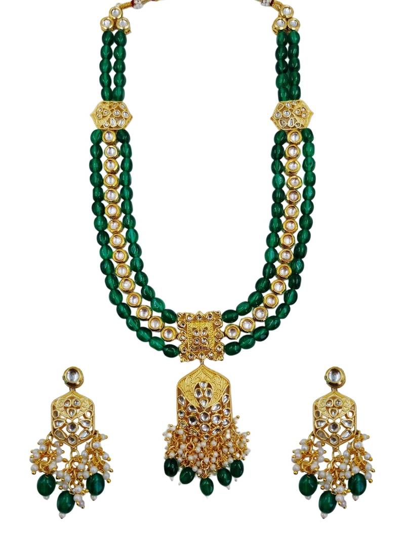 Traditional gold plated kundan and green beaded 3-layer necklace jewellery set with earrings for women