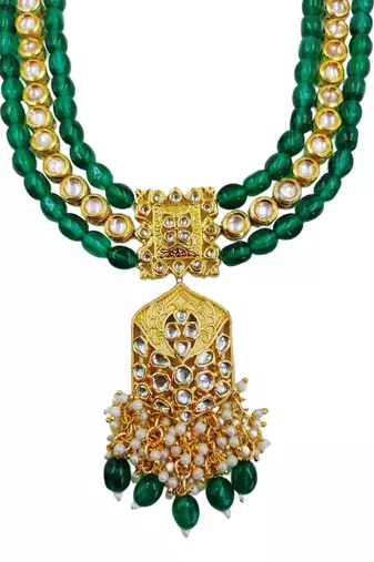 Traditional gold plated kundan and green beaded 3-layer necklace jewellery set with earrings for women
