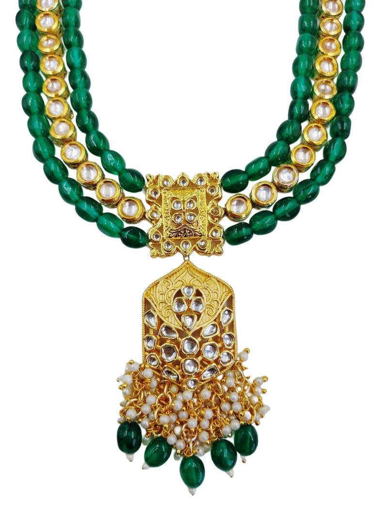 Traditional gold plated kundan and green beaded 3-layer necklace jewellery set with earrings for women