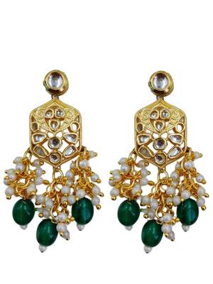 Traditional gold plated kundan and green beaded 3-layer necklace jewellery set with earrings for women 4