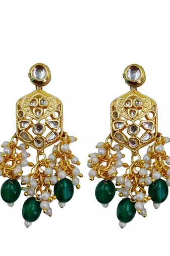Traditional gold plated kundan and green beaded 3-layer necklace jewellery set with earrings for women