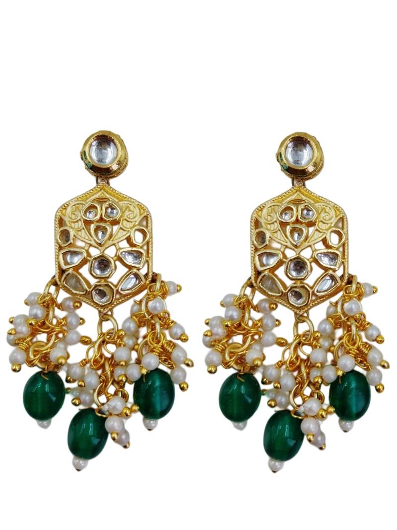 Traditional gold plated kundan and green beaded 3-layer necklace jewellery set with earrings for women