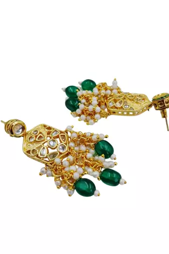 Traditional gold plated kundan and green beaded 3-layer necklace jewellery set with earrings for women