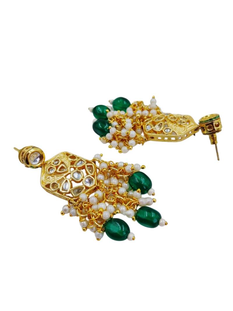 Traditional gold plated kundan and green beaded 3-layer necklace jewellery set with earrings for women