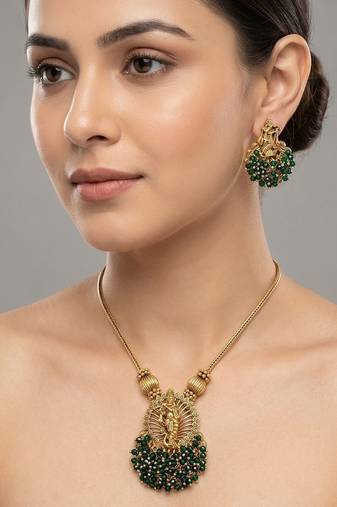 Traditional gold plated temple jewelry necklace set for women
