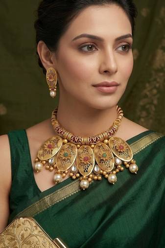 Traditional gold plated choker necklace set with earrings for women