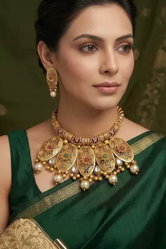 Traditional gold plated choker necklace set with earrings for women