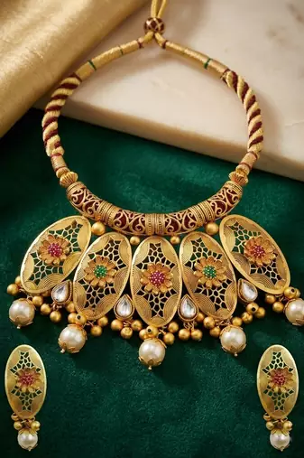 Traditional gold plated choker necklace set with earrings for women