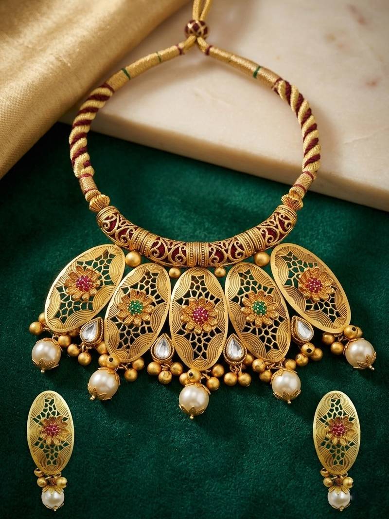 Traditional gold plated choker necklace set with earrings for women