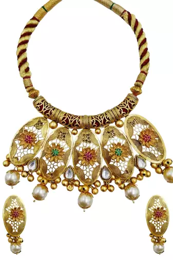 Traditional gold plated choker necklace set with earrings for women