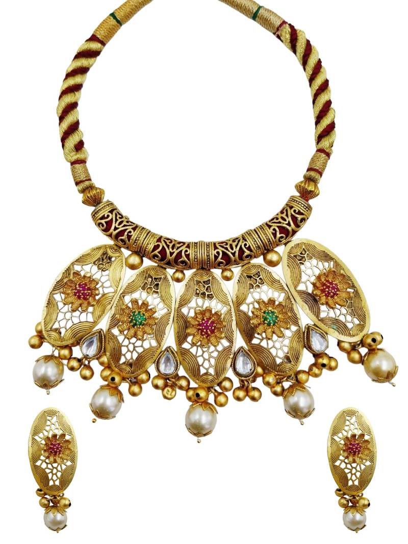Traditional gold plated choker necklace set with earrings for women