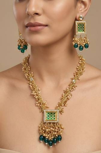 Gold plated green kundan necklace set with earrings for women