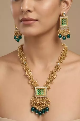 Gold plated green kundan necklace set with earrings for women