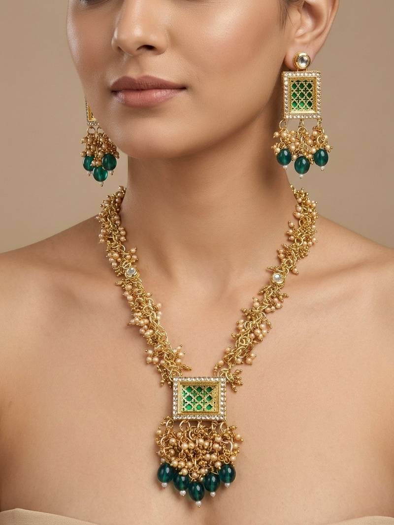 Gold plated green kundan necklace set with earrings for women