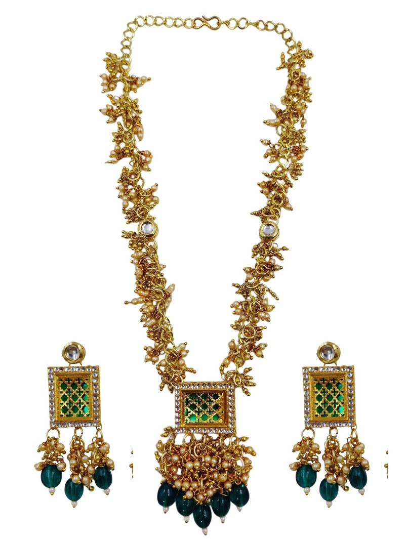 Gold plated green kundan necklace set with earrings for women
