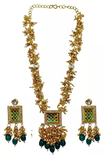 Gold plated green kundan necklace set with earrings for women