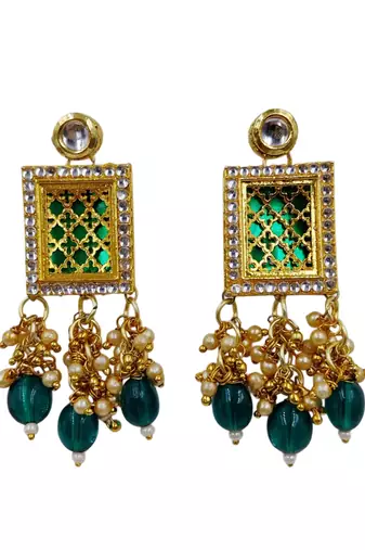 Gold plated green kundan necklace set with earrings for women
