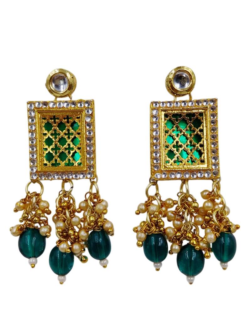 Gold plated green kundan necklace set with earrings for women