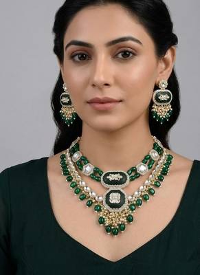 Green kundan & multi-layered beads choker jewellery set with earrings for women 1