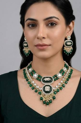 Green kundan & multi-layered beads choker jewellery set with earrings for women