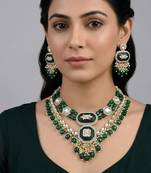 Green kundan & multi-layered beads choker jewellery set with earrings for women