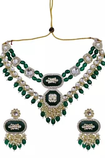 Green kundan & multi-layered beads choker jewellery set with earrings for women