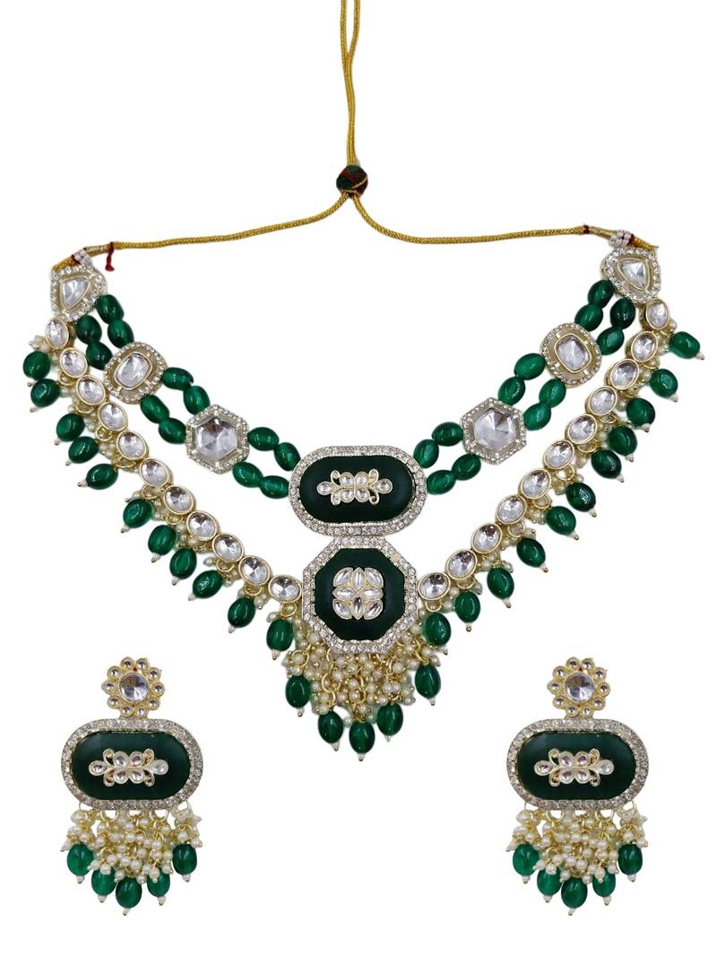 Green kundan & multi-layered beads choker jewellery set with earrings for women
