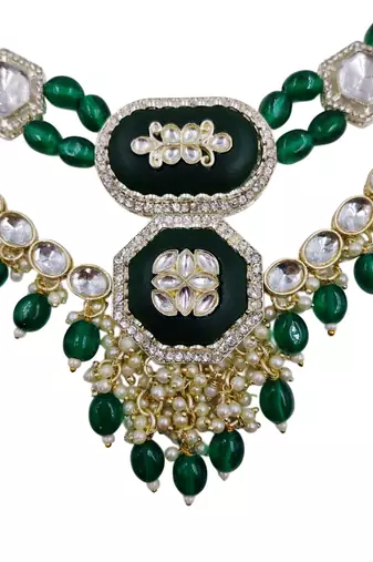 Green kundan & multi-layered beads choker jewellery set with earrings for women
