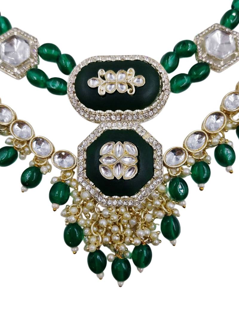 Green kundan & multi-layered beads choker jewellery set with earrings for women