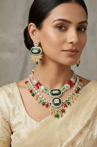 Kundan & multi-layered beads choker jewellery set with earrings for women