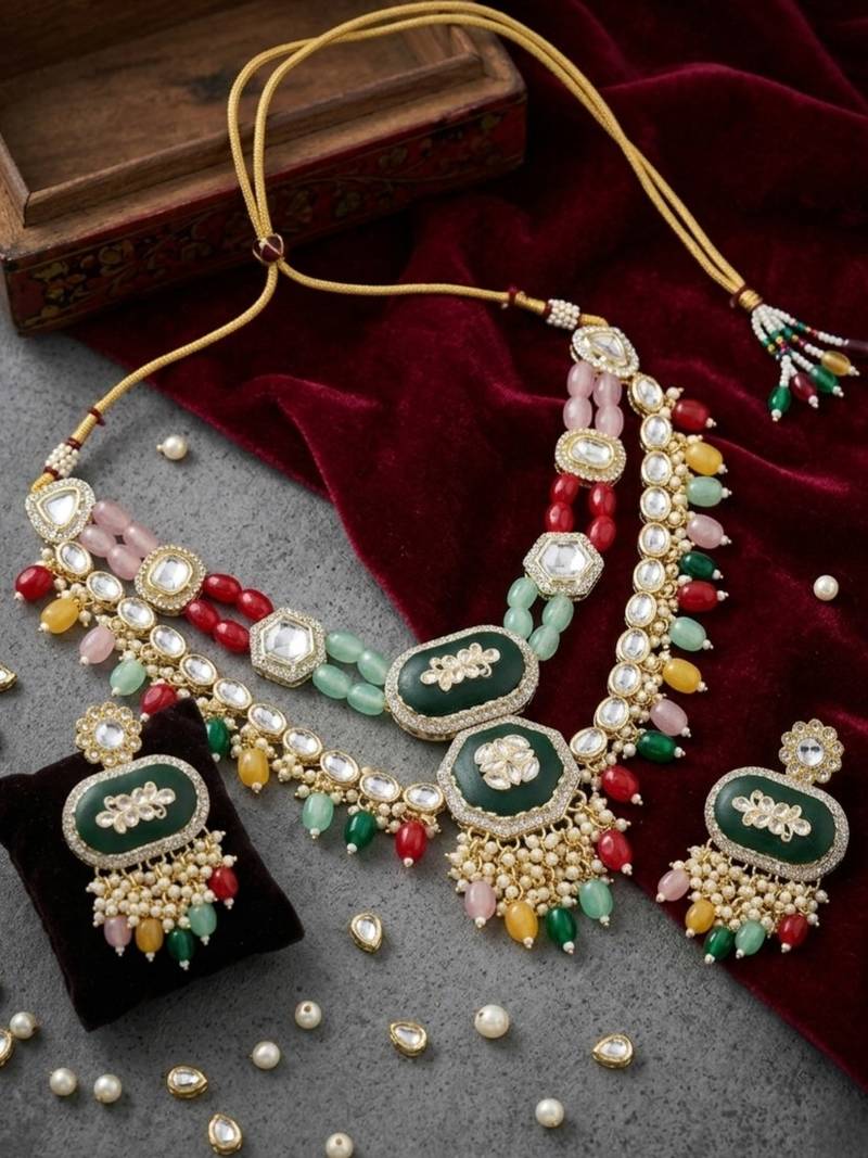 Kundan & multi-layered beads choker jewellery set with earrings for women