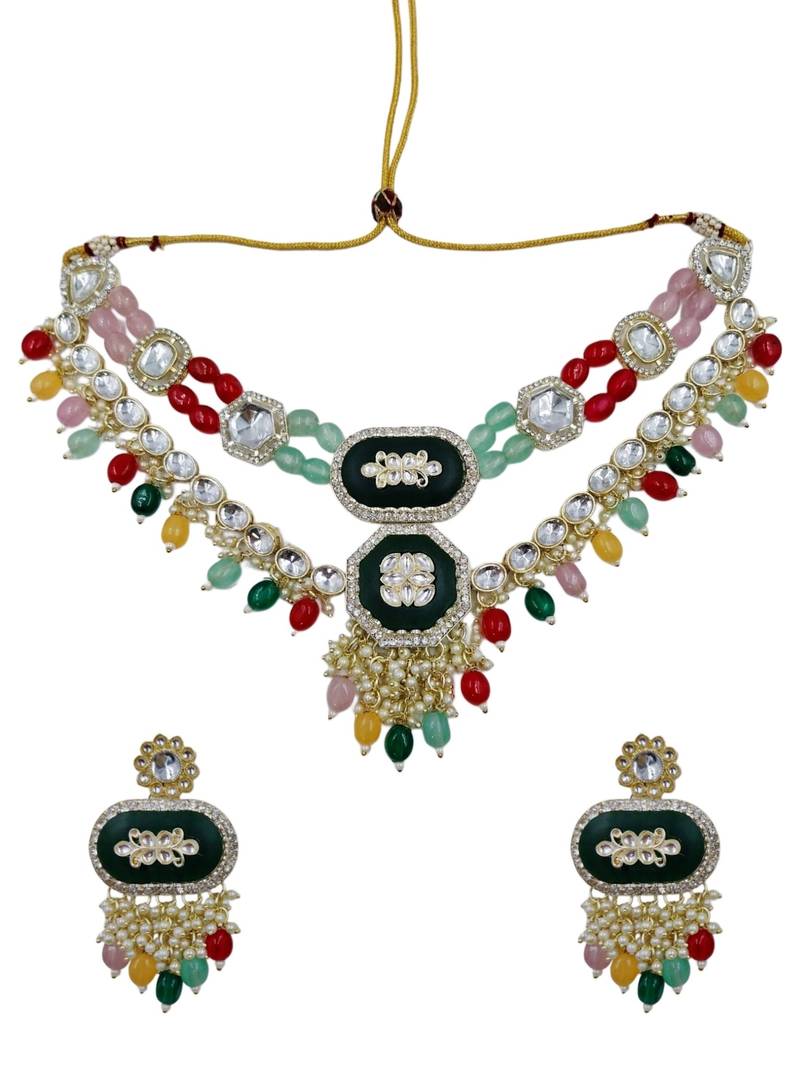 Kundan & multi-layered beads choker jewellery set with earrings for women