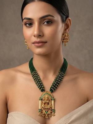 Women gold-plated & green multi-strand lakshmi temple jewellery set 1