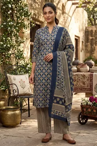 Blue printed cotton blend stitched ethnic motif print salwar kurta dupatta for women