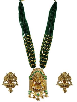 Women gold-plated & green multi-strand lakshmi temple jewellery set 2