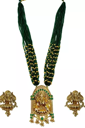 Women gold-plated & green multi-strand lakshmi temple jewellery set