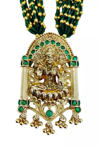 Women gold-plated & green multi-strand lakshmi temple jewellery set