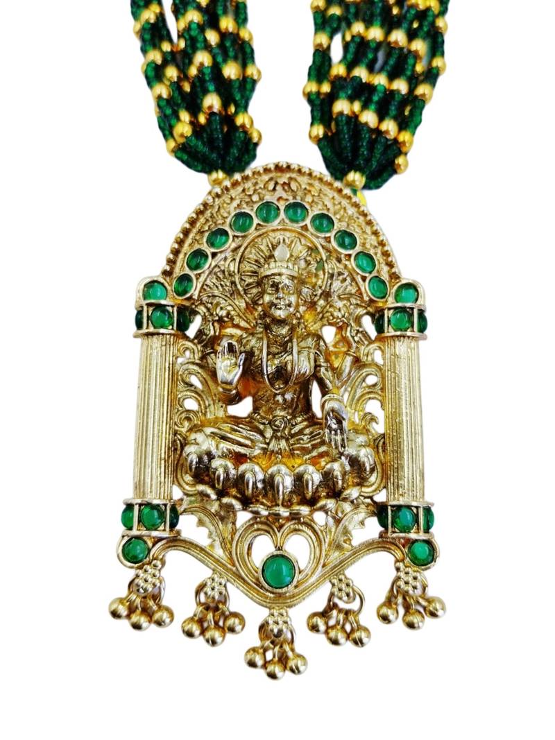 Women gold-plated & green multi-strand lakshmi temple jewellery set