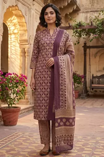 Wine printed cotton blend stitched ethnic motif print salwar kurta dupatta for women