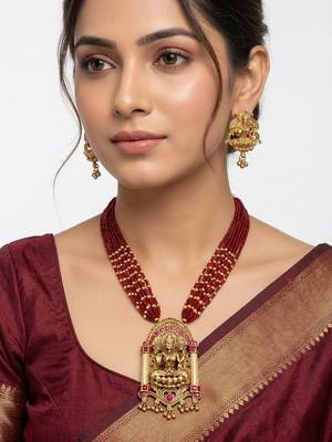 Women gold-plated & green multi-strand lakshmi temple jewellery set 1